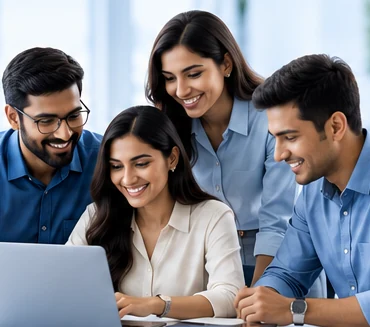 Illustrative team collaborating around a laptop